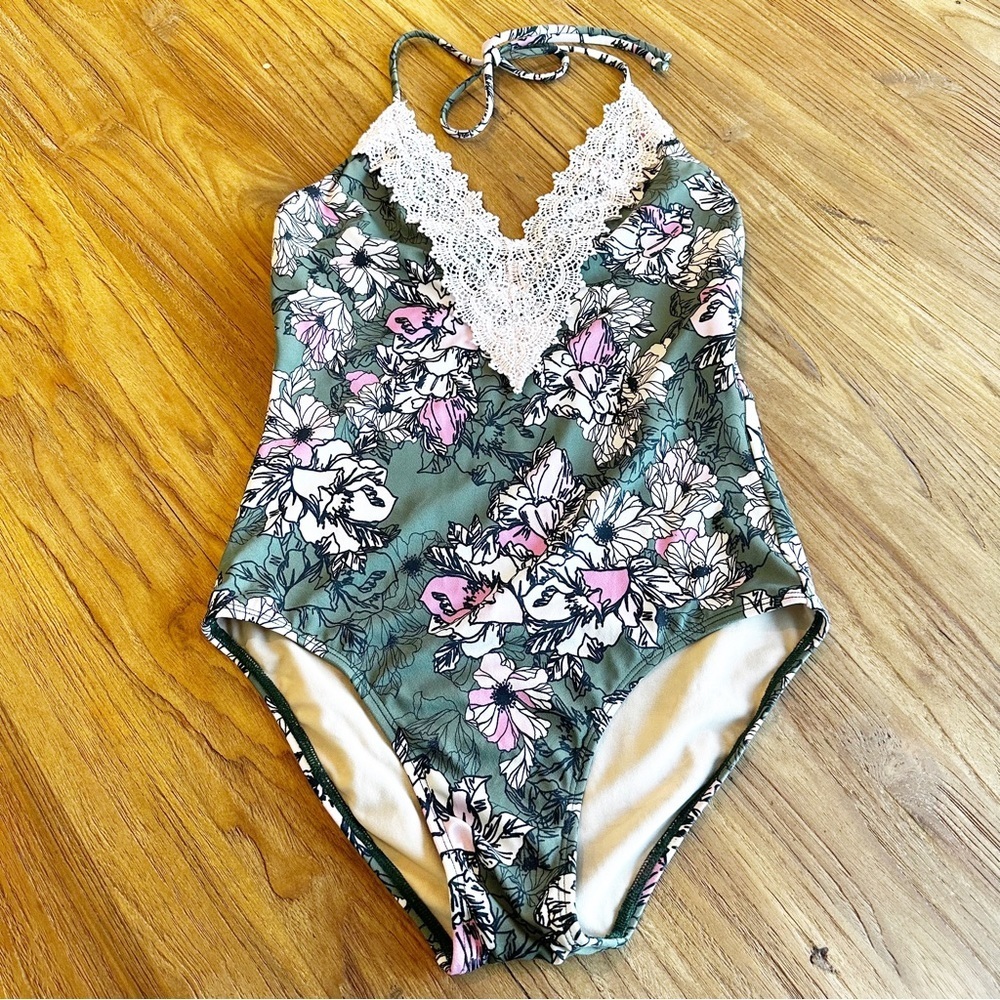 Womens One Piece Summer Swimsuit Sample Green Pink Floral Lace Front Trim Modest
